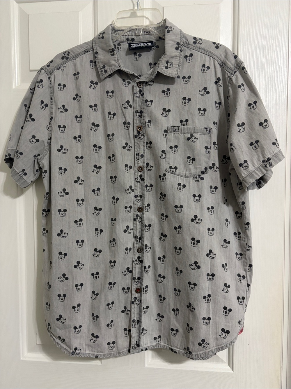 Disney Light Gray Short-Sleeve Button-Down Shirt with Mickey Print